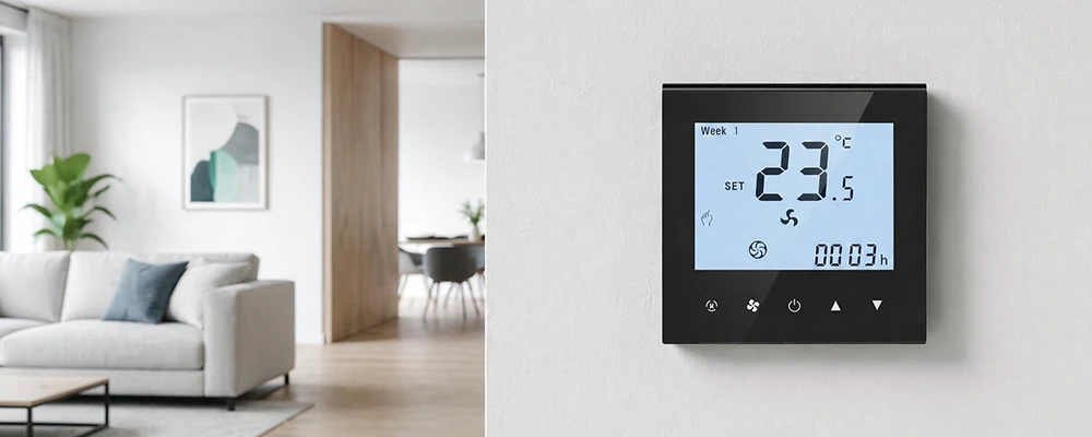 Digital room thermostat controlling a fan coil unit in a modern commercial HVAC room