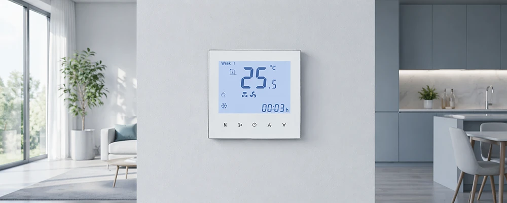 Digital thermostat mounted on a modern wall for commercial and residential HVAC project selection