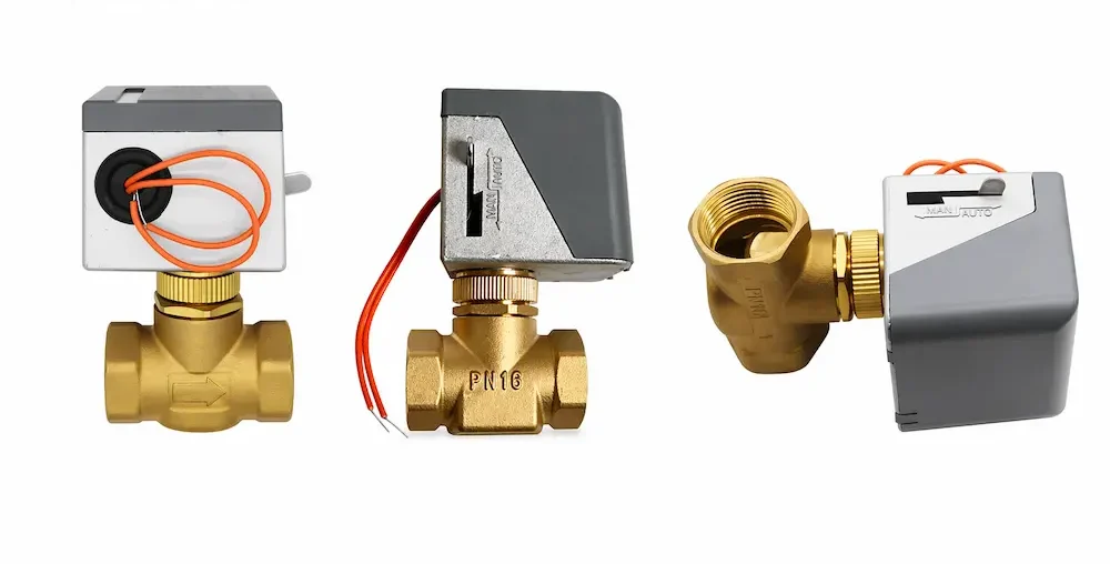 HTW-V71 electric motorized valve multi-angle display with brass valve body and actuator for HVAC control