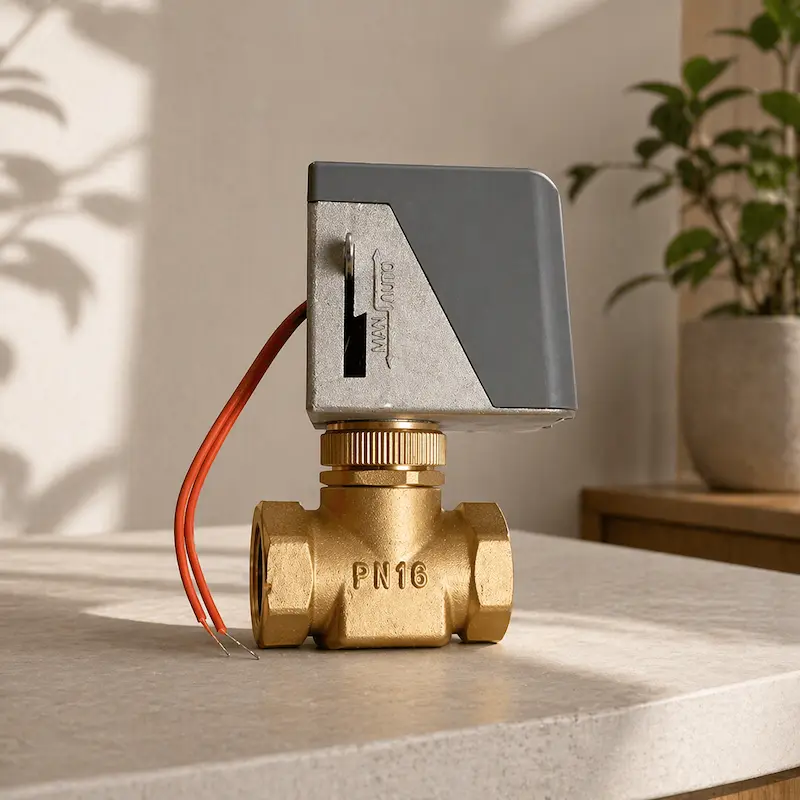 HTW-V71 Electric Motorized Valve installed in HVAC piping system showing brass body and actuator for FCU water flow control