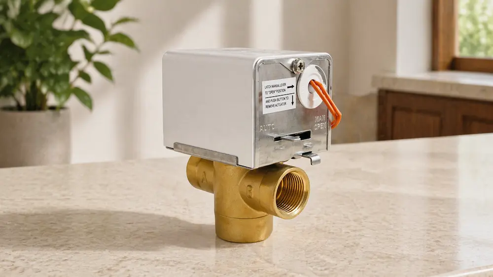 HTW-W27 fan coil unit motorized valve installed in HVAC piping system showing brass valve body and actuator for FCU water control