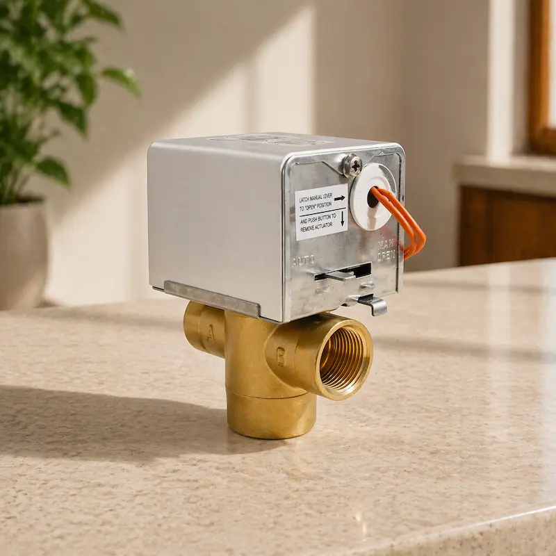 HTW-W27 fan coil unit motorized valve installed in HVAC piping system showing brass valve body and actuator for FCU water control