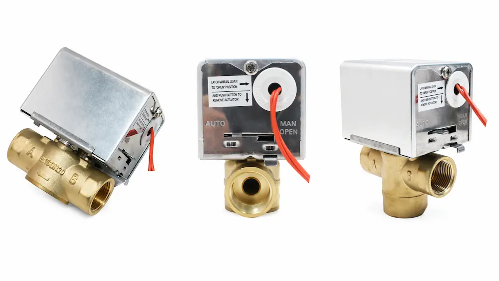 HTW-W27 fan coil unit motorized valve multi-angle display showing brass valve body and actuator structure for HVAC control