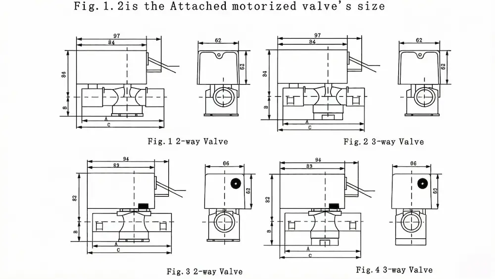 HTW-W27 fan coil unit motorized valve multi-angle display showing brass valve body and actuator structure for HVAC control