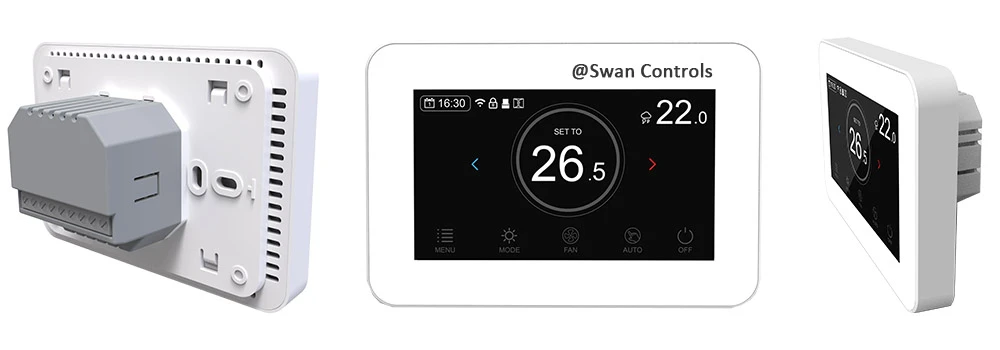 HTW-31-DT12F Modbus hotel thermostat front side and back view