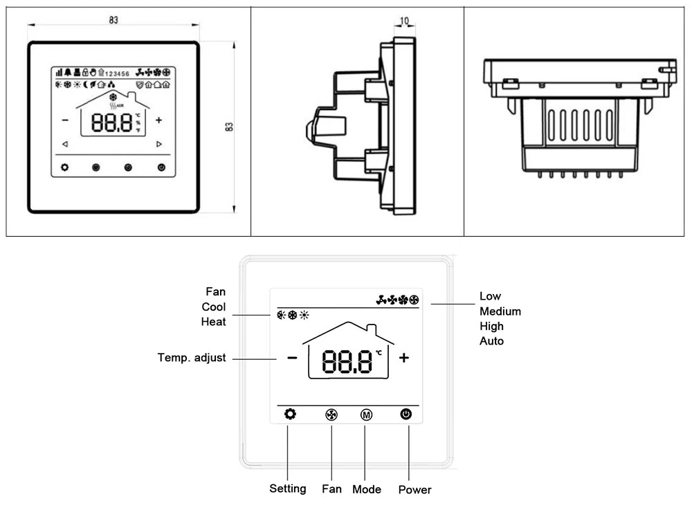 HTW-31-F10-2K/4K HVAC thermostat hotel dimension and display interface