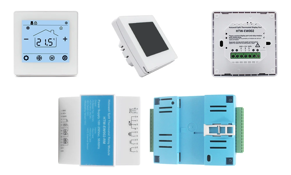 HTW-EW002 Modbus HVAC thermostat front side and back views