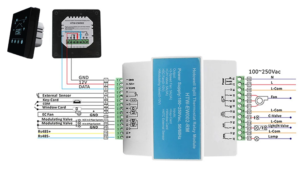 HTW-EW002 Modbus HVAC thermostat wiring diagram for fan coil unit system