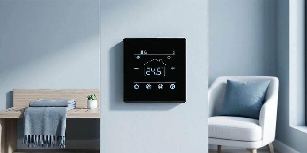 HTW-EW002 Modbus HVAC thermostat installed on a hotel room wall