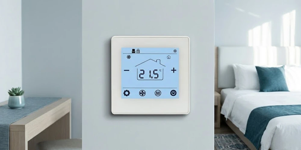 HTW-EW002 split thermostat installed on a hotel room wall for FCU control
