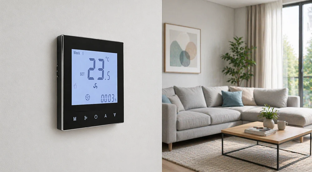 HTW-FC01-2P digital thermostat mounted on a wall in a room.