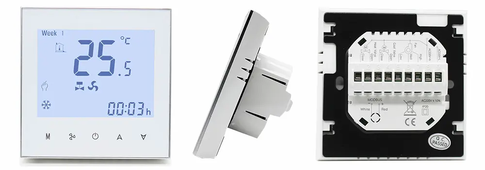 HTW-FC01-2PM hvac thermostat front side and back view