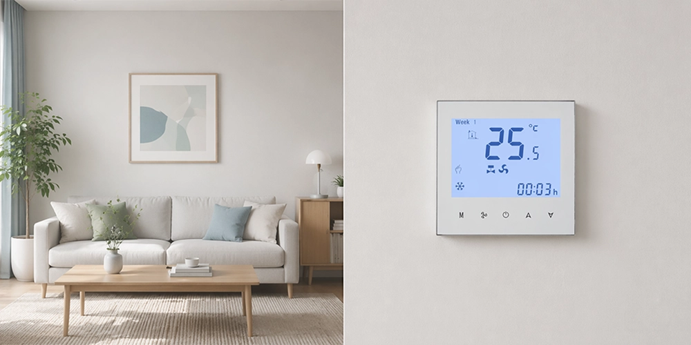 HTW-FC01-2PM hvac thermostat installed on wall in indoor room setting