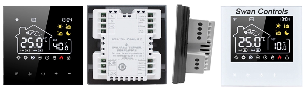 HTW-FC09-3KDMEN Modbus thermostat front side back view for fan coil ac system