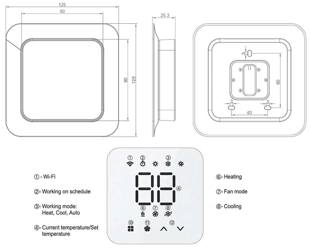 HTW-MT8600 multi-stage heat pump thermostat dimensions and LED display