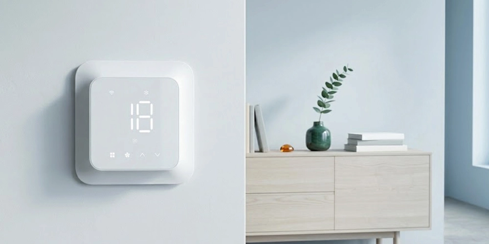HTW-MT8600 multi-stage heat pump thermostat installed on wall in modern interior
