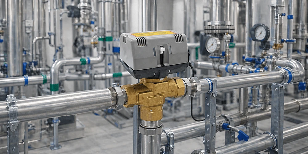 HTW-V61 motorized valve installed on HVAC water pipe system for FCU and AHU control