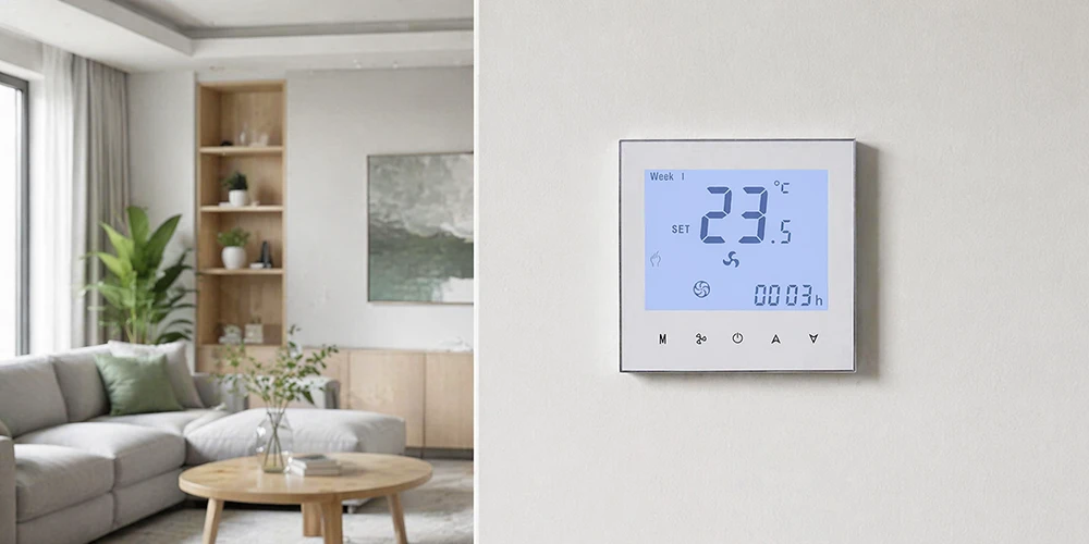 HTW-WF01-FC-4EW smart wifi thermostat installed on wall in modern living room scene