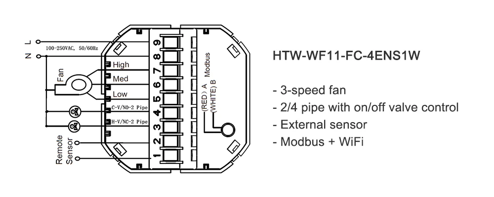 HTW-WF01-FC-4EW smart wifi thermostat wiring diagram for fan coil system