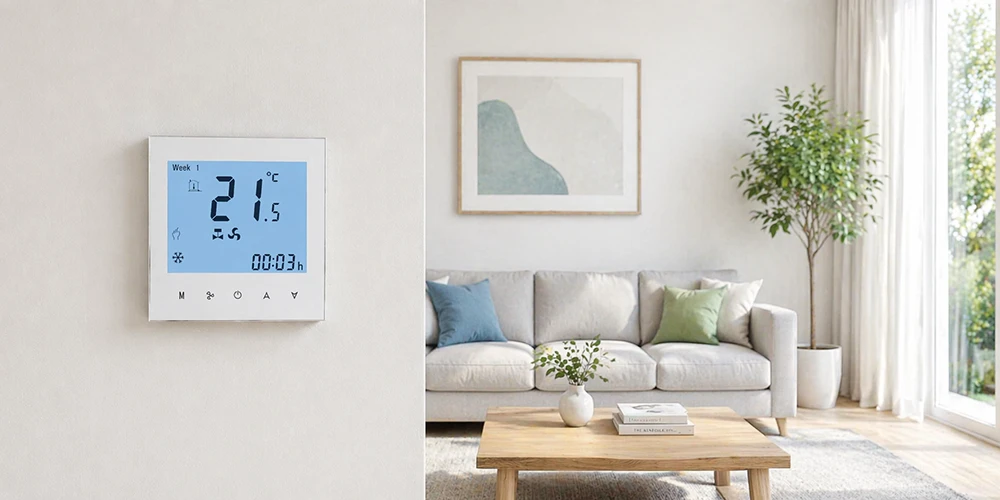 HTW-WF01-FC-DX DX Thermostat mounted on a wall in a modern minimalist living room