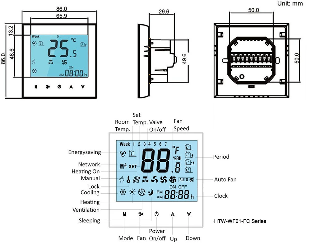 HTW-WF01-FC-MEW24 temperature controller thermostat dimension and display interface with Wi-Fi
