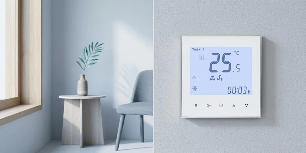 HTW-WF01-FC-MEW24 temperature controller thermostat with Wi-Fi installed on room wall in modern interior