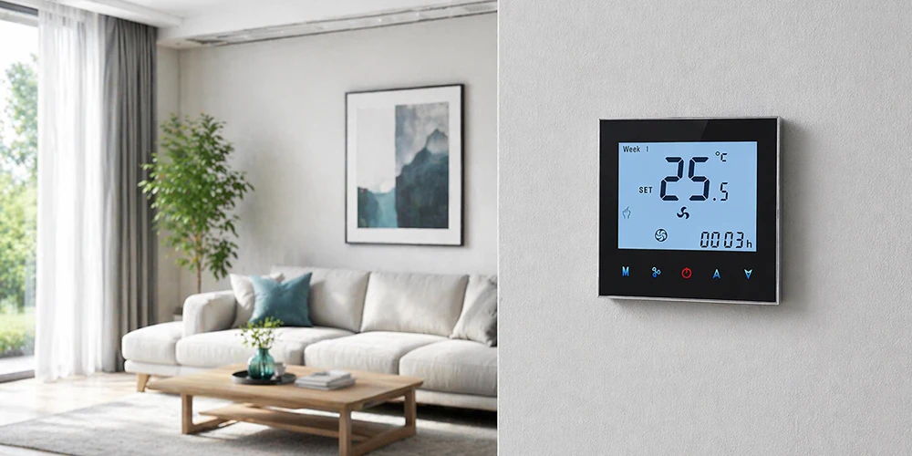 HTW-WF01-FC-MKE Modulating room thermostat mounted on a wall in a room.