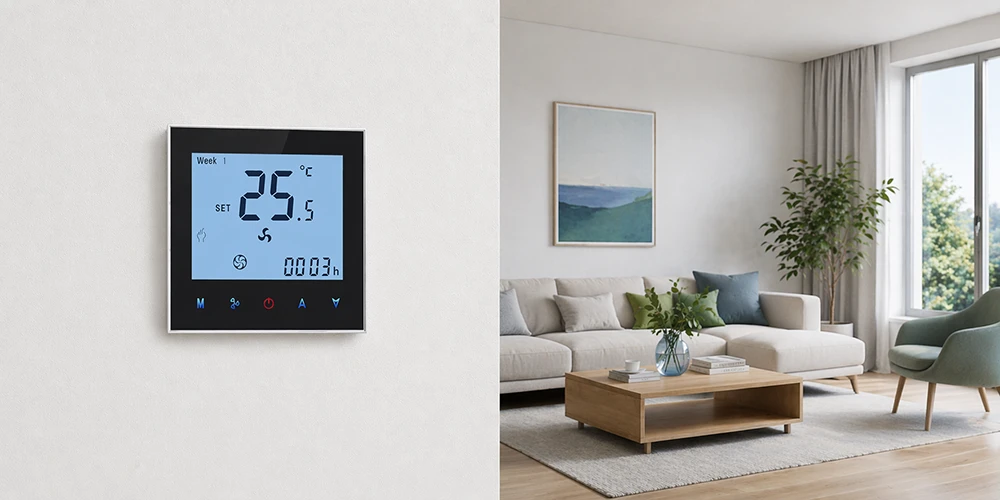 HTW-WF01-FC-MKN modulating thermostat installed on wall in modern living room with clean interior design