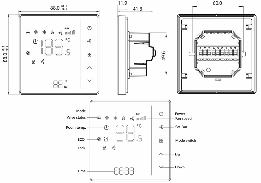 HTW-WF08-FC-2 standalone fan coil thermostat dimension and display interface