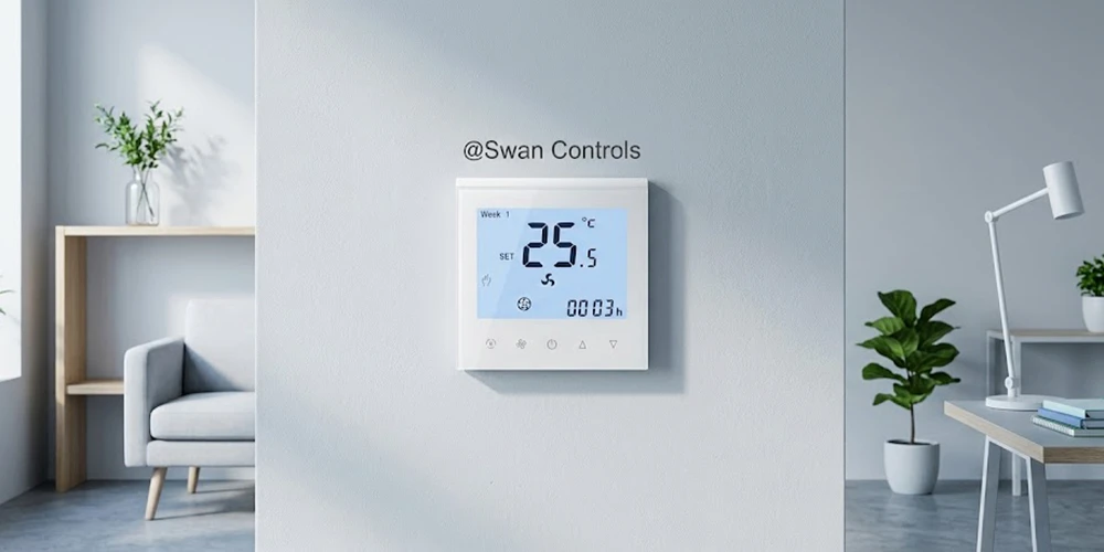 HTW-WF11-2PNW digital room thermostat installed on wall in modern room scene