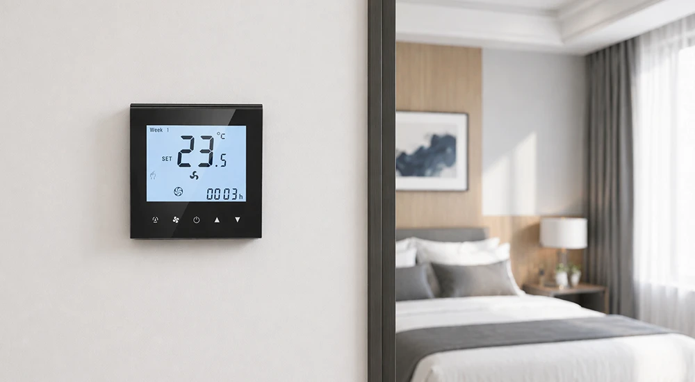 HTW-WF11-EC ec fan controller thermostat installed on hotel room wall in modern interior setting