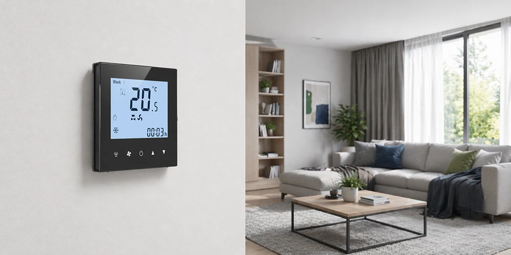 HTW-WF11-FC-4DMN fan coil thermostat Modbus installed on modern wall in living room scene