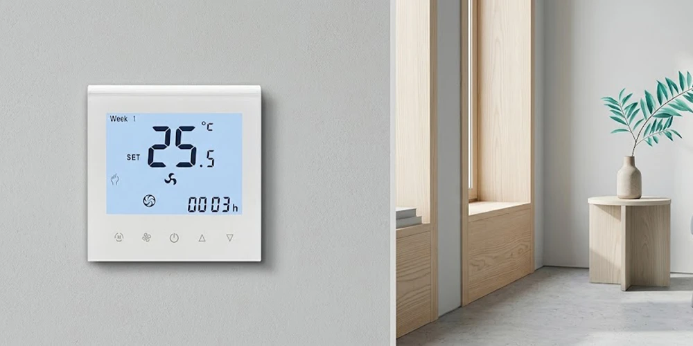 HTW-WF11-FC-4ENS1W wifi HVAC thermostat mounted on a wall in a living room scene.