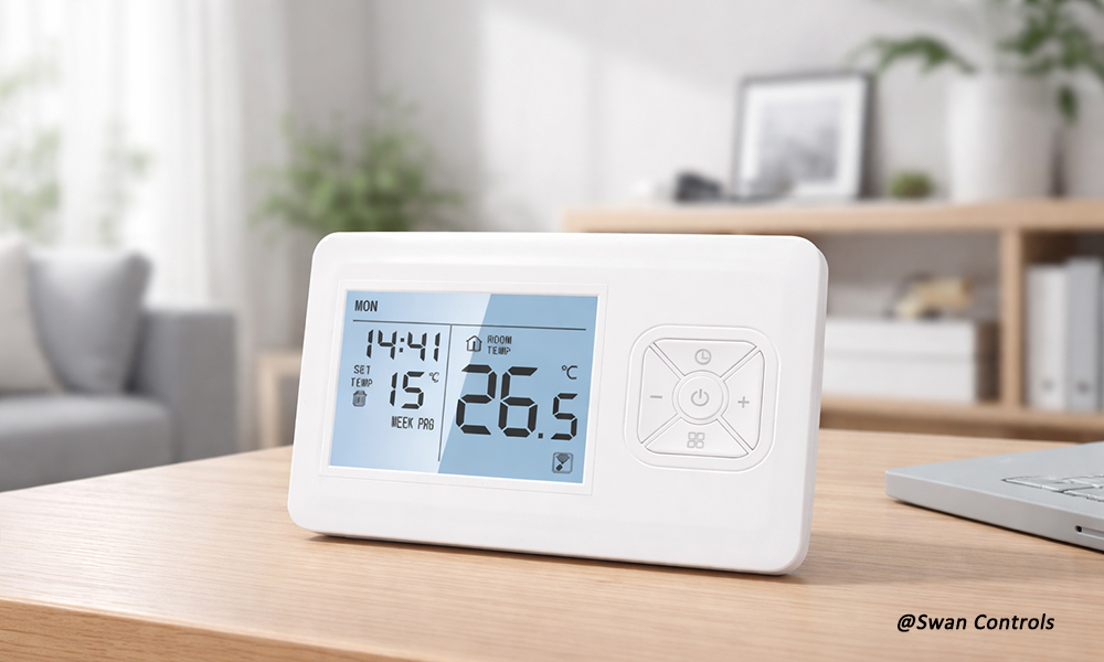 HTW-WT13P wireless thermostat heating controller placed on desk in modern home