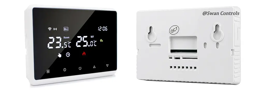 HTW-WT19P-WF wireless thermostat front and back view with receiver for boiler heating system