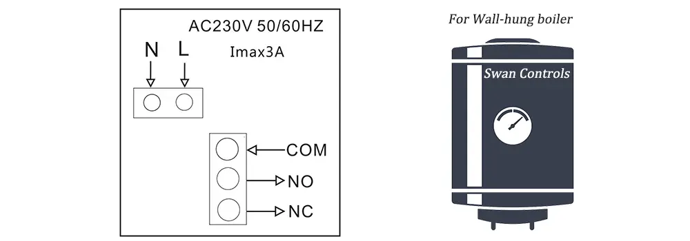 HTW-WT19P wireless thermostat wiring diagram for receiver connection to boiler system