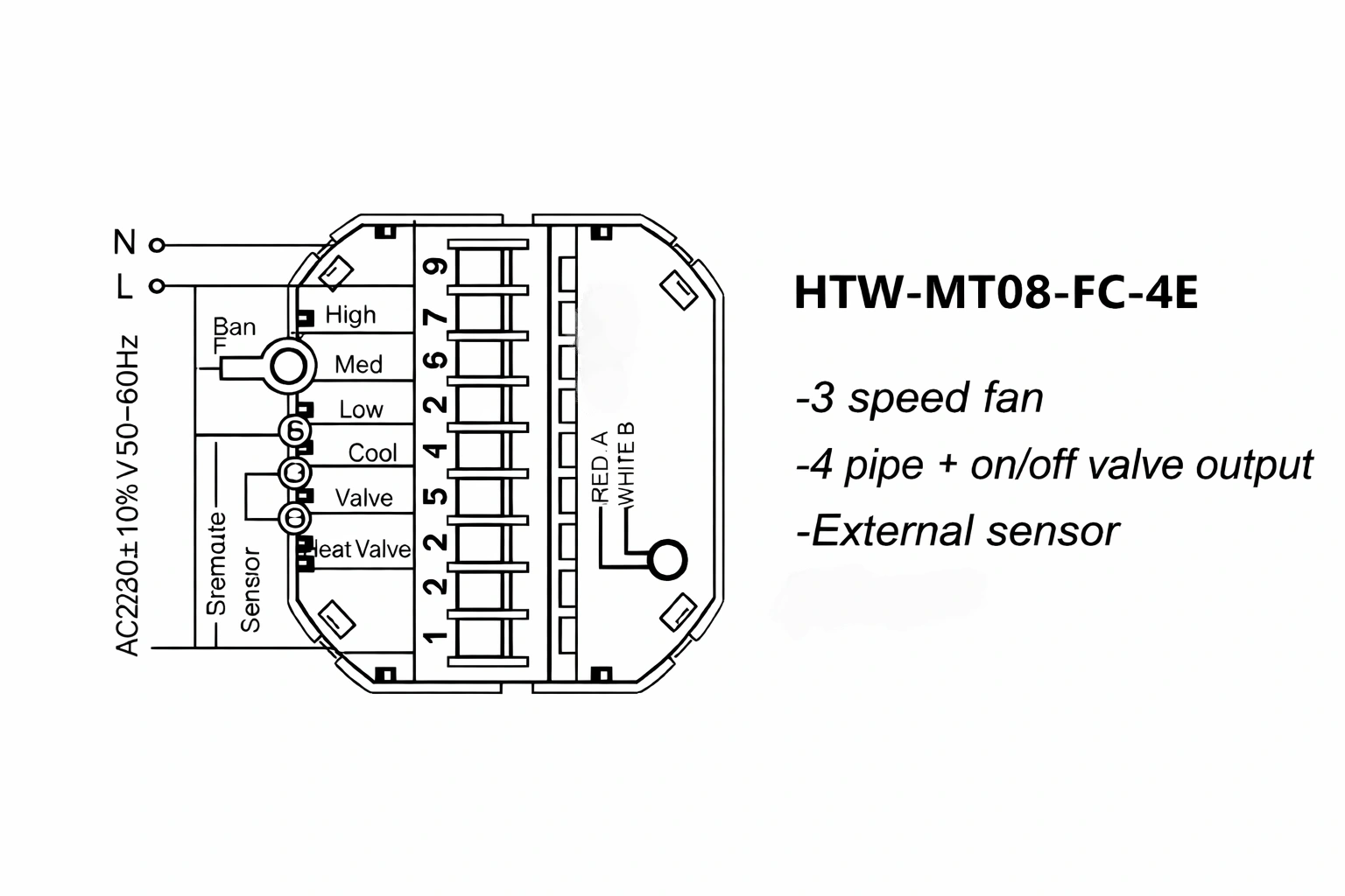 HTW-MT08-FC-4E Home Thermostat for fan coil unit with 3 fan speed control and external sensor
