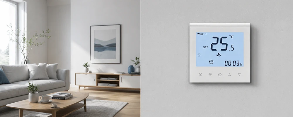 4-pipe hotel digital room thermostat installed on a hotel room wall for FCU control