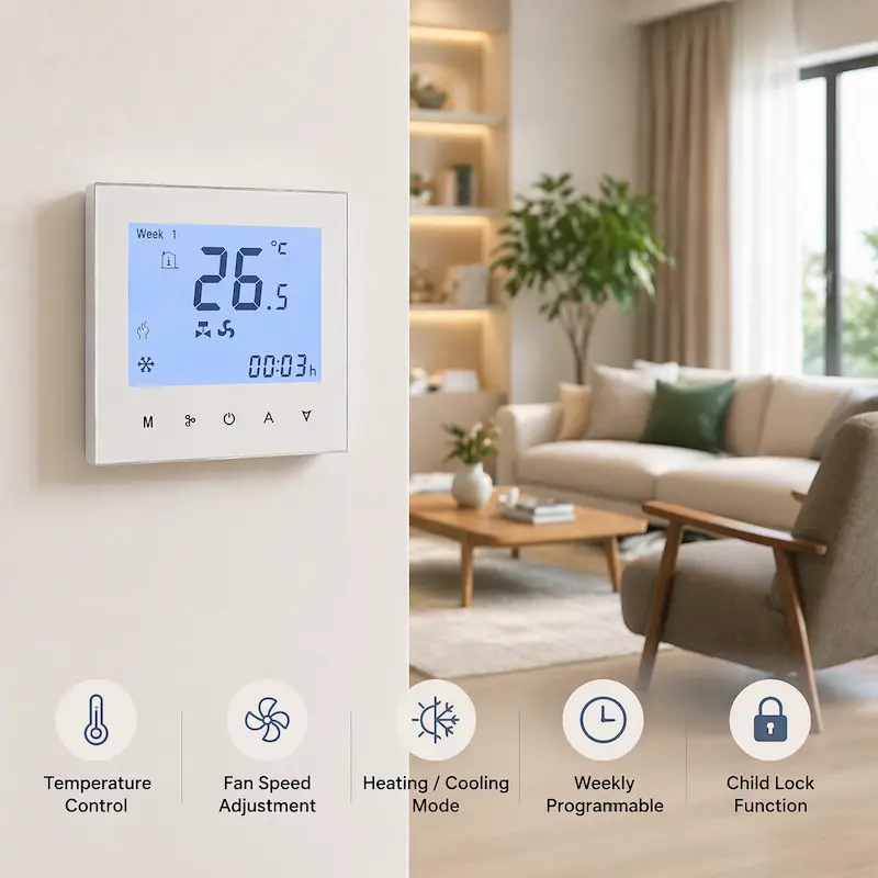 HTW-WF01-ECN Hotel Modbus Thermostat for EC fan 0-10V control in fan coil HVAC system