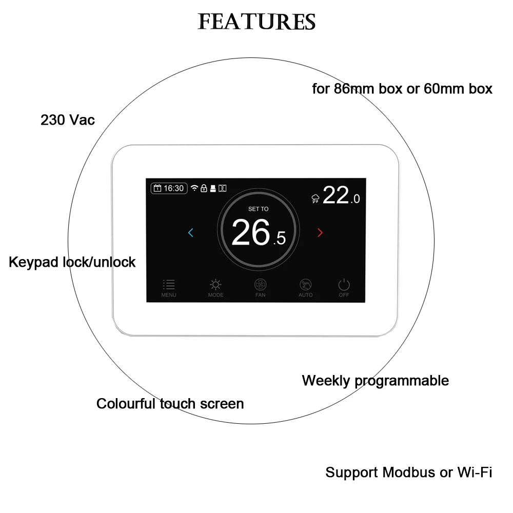 Hotel Thermostat Keycard Modbus 2 4 Pipe FCU System Stylish Colorful Display (m3) Hotel Thermostat Keycard Modbus 2 4 Pipe FCU System Stylish Colorful Display (m3)