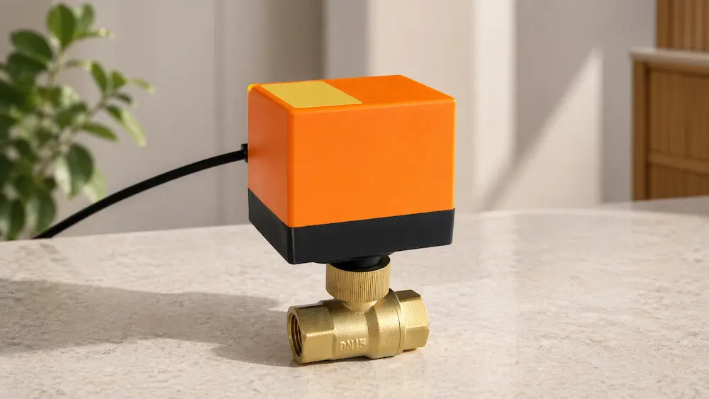 HTW-EG motorized ball valve installed in HVAC piping system showing brass valve body and electric actuator for water flow control