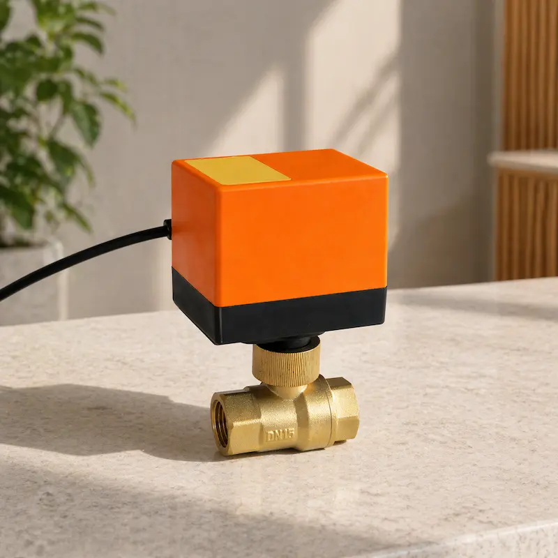 HTW-EG motorized ball valve installed in HVAC piping system showing brass valve body and electric actuator for water flow control