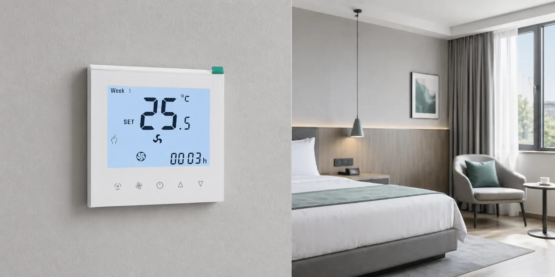 Thermostat for OEM hotel room projects with keycard control logic