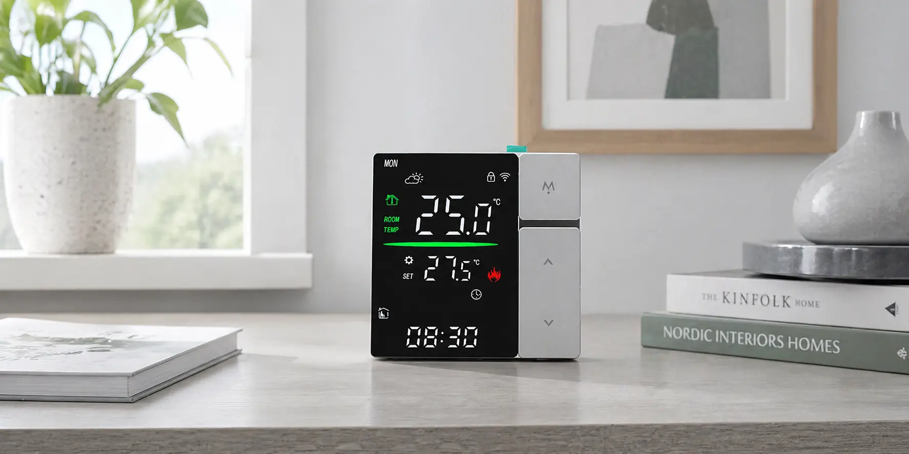 Boiler thermostat flow temperature control in radiator heating system
