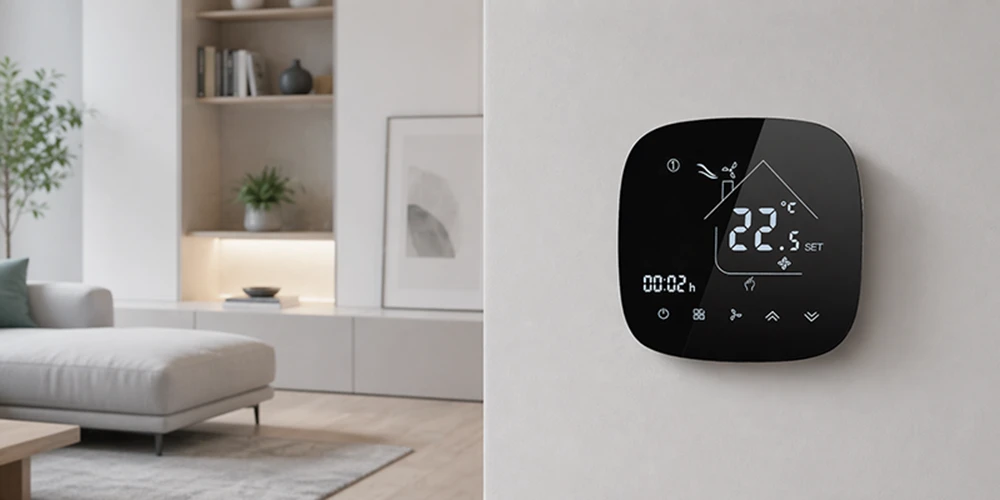 OEM Tuya WiFi digital thermostat installed in a smart room for app-based HVAC control