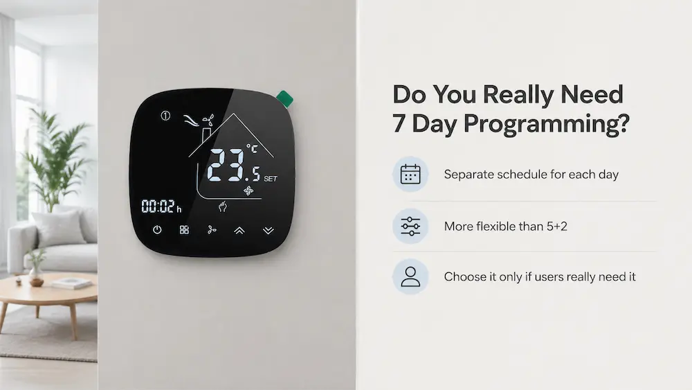 7 day programmable thermostat for flexible weekly schedule control