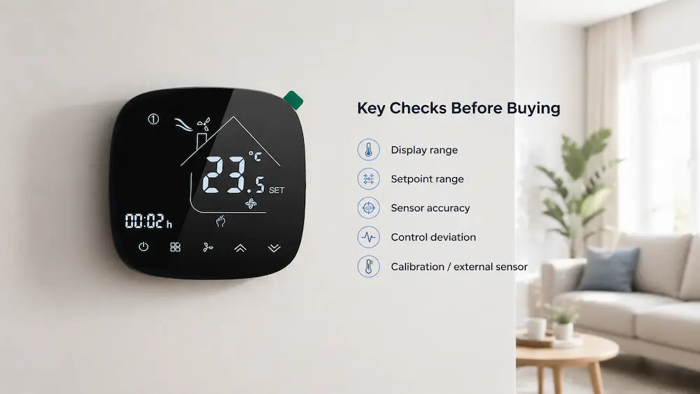 Overseas buyer checking programmable thermostat samples before bulk order