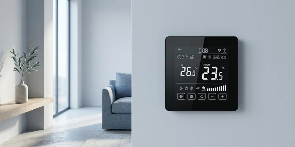 Smart EC fan thermostat in a commercial interior for thermostat buying guide
