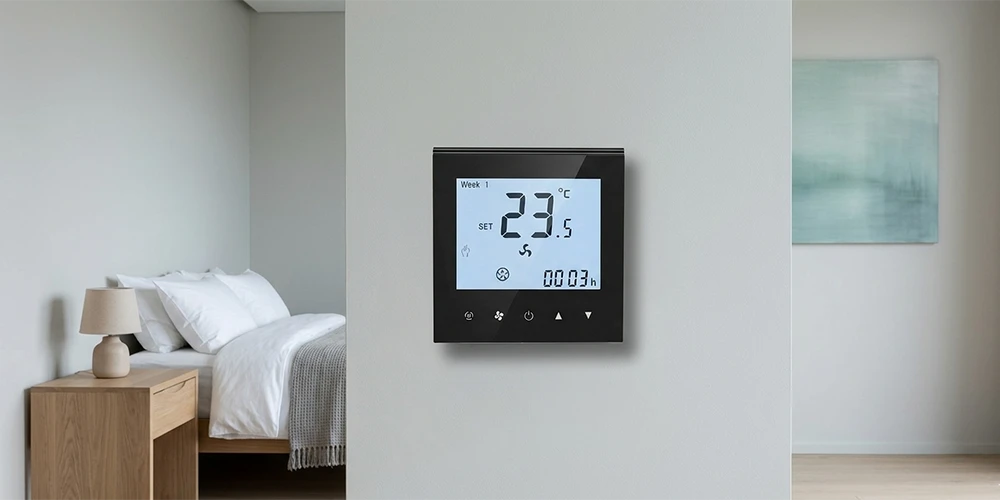 2-pipe Modbus FCU thermostat installed in a hotel room for fan coil application