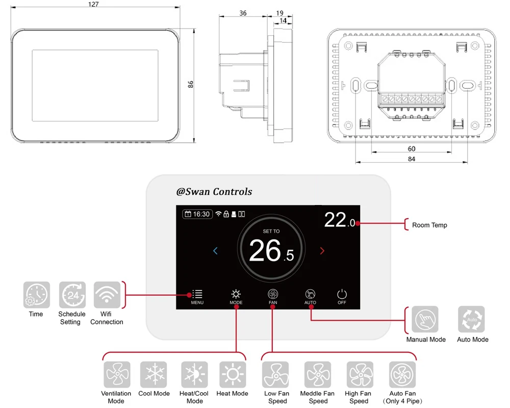 Dimension and display of Tuya thermostat wifi HTW-31-DT12FWF